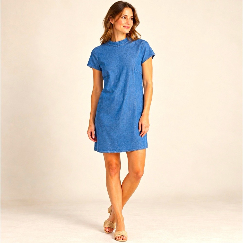 ZARA Shift Dress Women's S Short Sleeve Short Blue Denim Open Back High Neck New